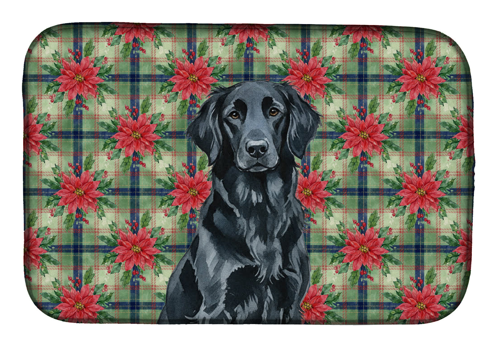 Black Flat-Coated Retriever Christmas PoinsettIas Dish Drying Mat Absorbent Dish Drying Mat Pad for Kitchen Counter Dish Drainer Mat for Countertop, 14 x 21", Multicolor