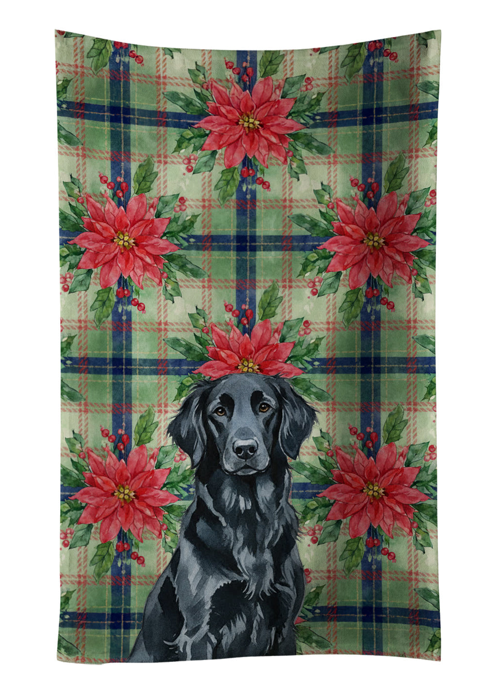 Black Flat-Coated Retriever Christmas PoinsettIas Kitchen Towel Velour Plush Front and Cotton Loop Back Machine Washable