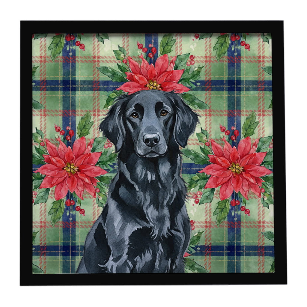 Black Flat-Coated Retriever Christmas PoinsettIas Framed Metal Print Bathroom, Kitchen, Office, Home Decor Wall Art Ready to Hang, Square, 8X8