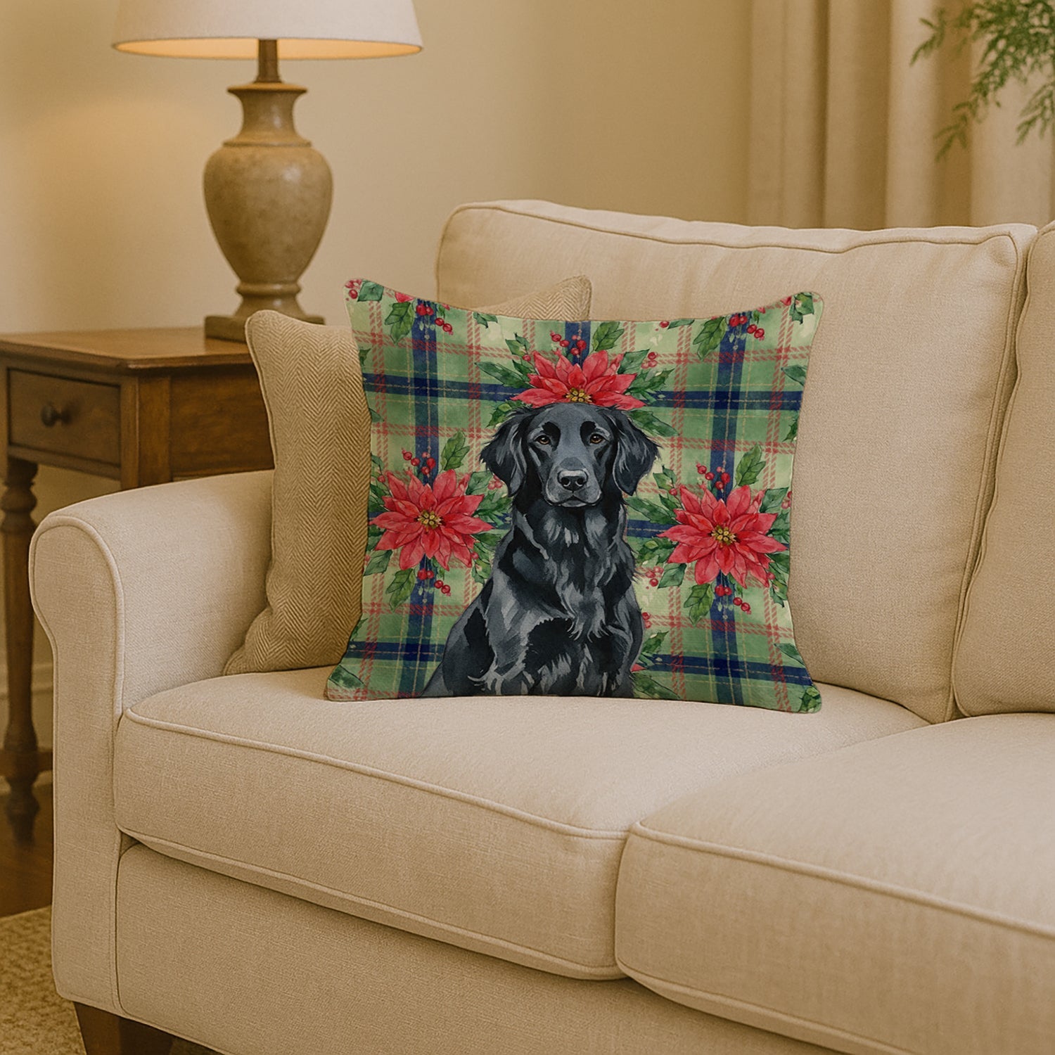 Black Flat-Coated Retriever Christmas PoinsettIas Decorative Throw Pillow 14x14 Indoor Outdoor Accent Cushion, Fabric Cover with Insert for Sofa, Bed, Porch & Living Room