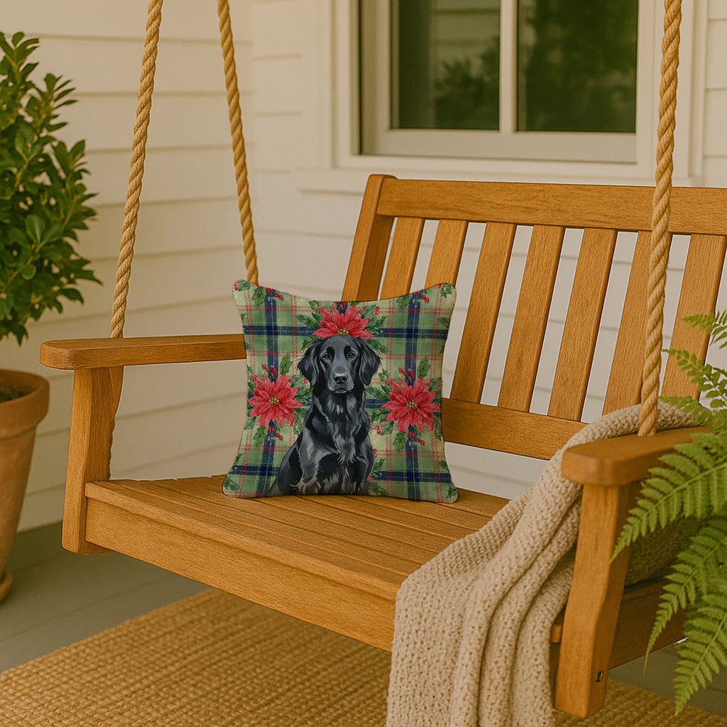 Black Flat-Coated Retriever Christmas PoinsettIas Decorative Throw Pillow 14x14 Indoor Outdoor Accent Cushion, Fabric Cover with Insert for Sofa, Bed, Porch & Living Room