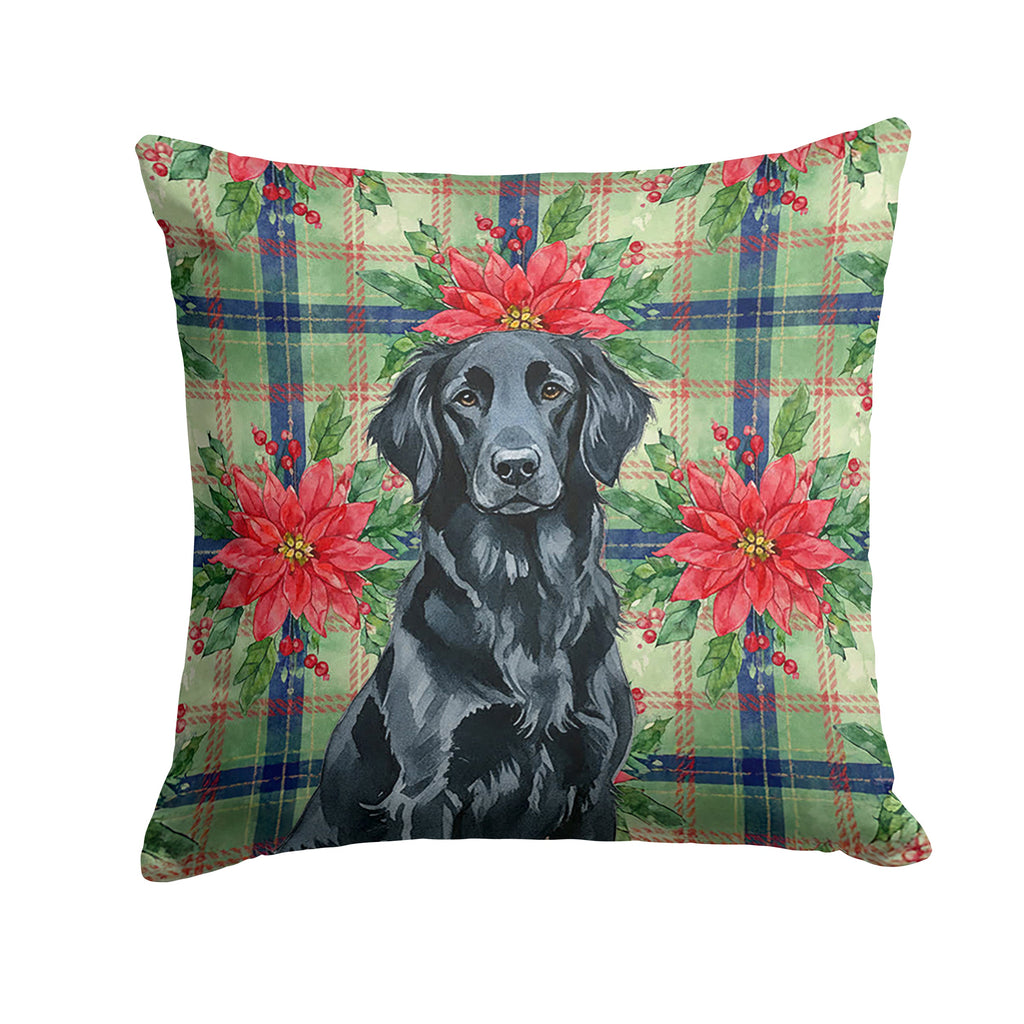 Black Flat-Coated Retriever Christmas PoinsettIas Decorative Throw Pillow 18x18 Indoor Outdoor Accent Cushion, Fabric Cover with Insert for Sofa, Bed, Porch & Living Room