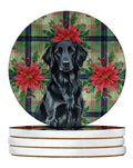 Black Flat-Coated Retriever Christmas PoinsettIas Large Sandstone Coasters Pack of 4 Absorbent Round Coasters Decor Gifts for Men or Women, 4 in, Multicolor