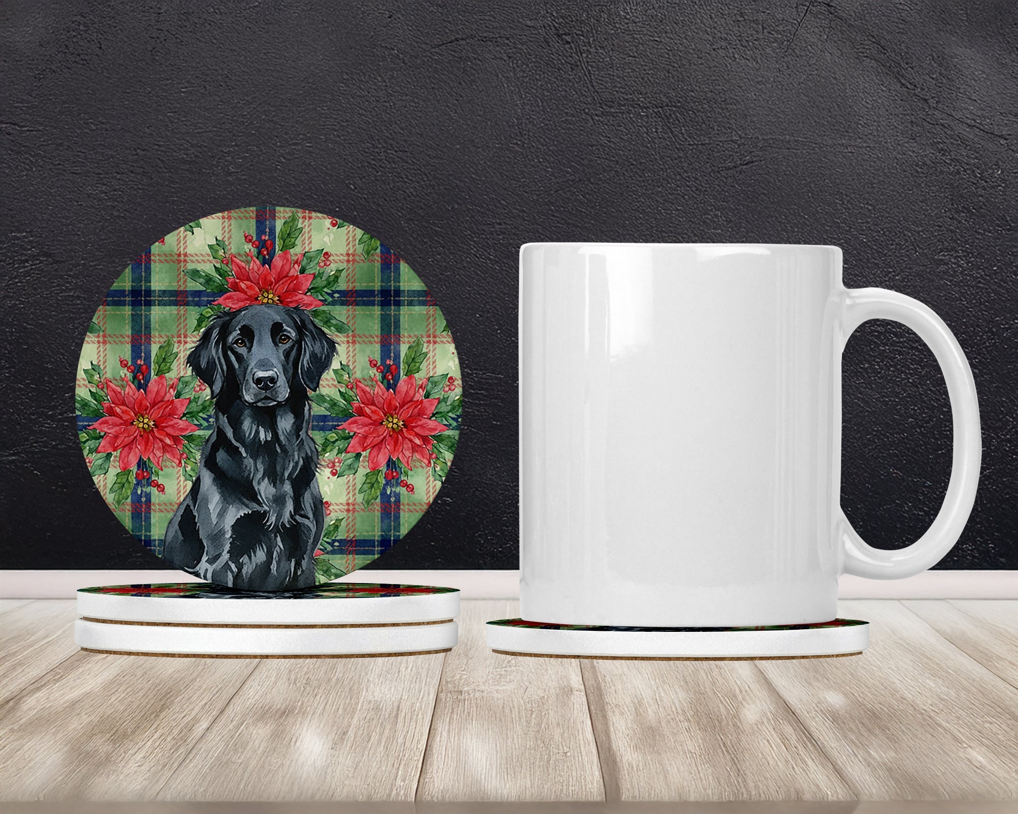 Black Flat-Coated Retriever Christmas PoinsettIas Large Sandstone Coasters Pack of 4 Absorbent Round Coasters Decor Gifts for Men or Women, 4 in, Multicolor