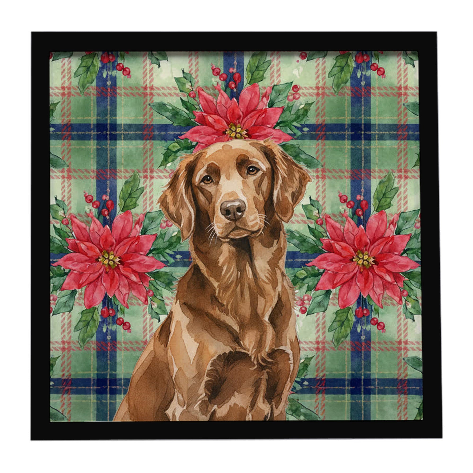 Liver Flat-Coated Retriever Christmas PoinsettIas Framed Metal Print Bathroom, Kitchen, Office, Home Decor Wall Art Ready to Hang, Square, 8X8