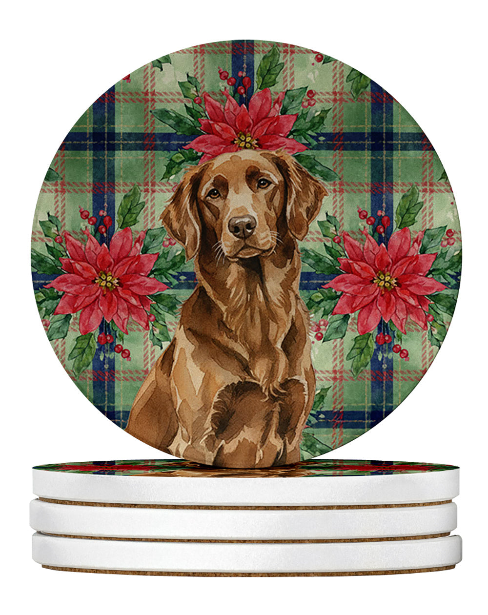 Liver Flat-Coated Retriever Christmas PoinsettIas Large Sandstone Coasters Pack of 4 Absorbent Round Coasters Decor Gifts for Men or Women, 4 in, Multicolor