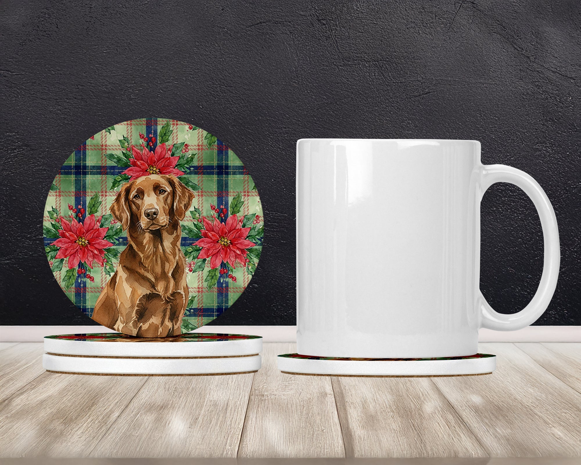 Liver Flat-Coated Retriever Christmas PoinsettIas Large Sandstone Coasters Pack of 4 Absorbent Round Coasters Decor Gifts for Men or Women, 4 in, Multicolor
