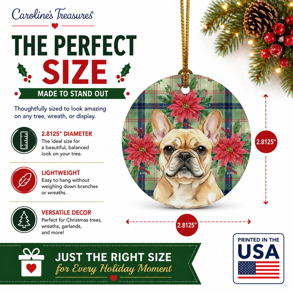 Fawn French Bulldog Christmas PoinsettIas Ceramic Ornament Christmas Tree Hanging Decorations for Home Christmas Holiday, Party, Gift, 3 in, Multicolor