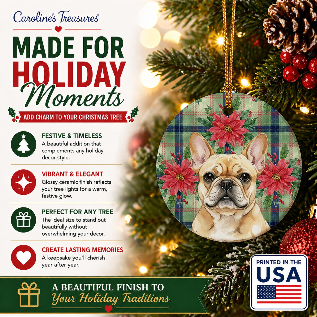 Fawn French Bulldog Christmas PoinsettIas Ceramic Ornament Christmas Tree Hanging Decorations for Home Christmas Holiday, Party, Gift, 3 in, Multicolor