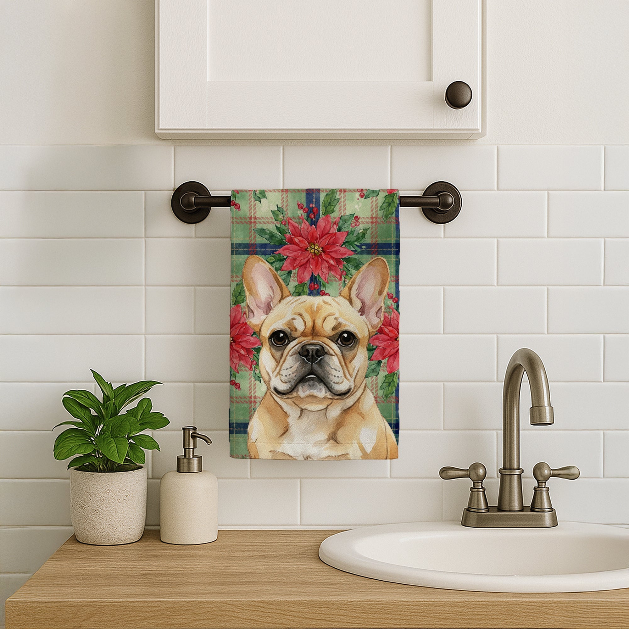Fawn French Bulldog Christmas PoinsettIas Kitchen Towel Velour Plush Front and Cotton Loop Back Machine Washable