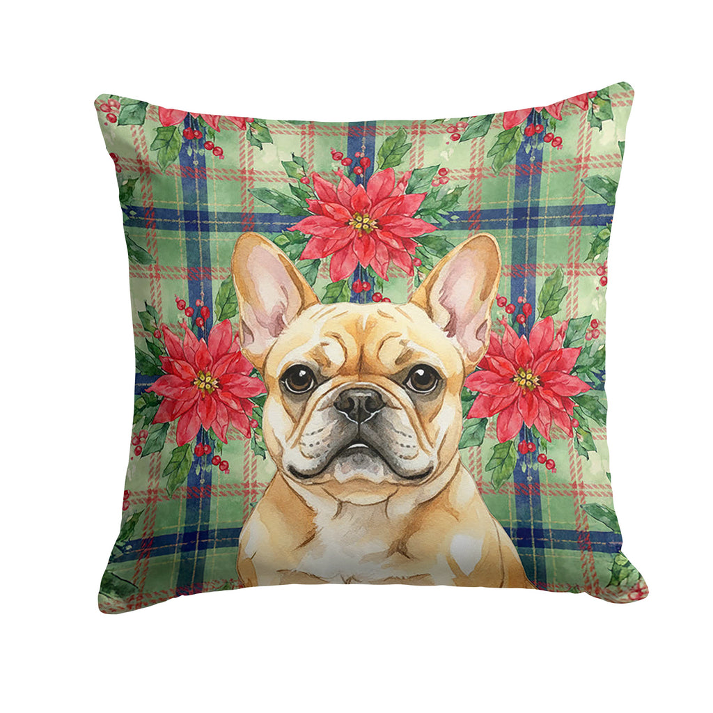 Fawn French Bulldog Christmas PoinsettIas Decorative Throw Pillow 14x14 Indoor Outdoor Accent Cushion, Fabric Cover with Insert for Sofa, Bed, Porch & Living Room