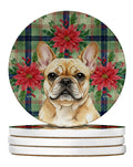 Fawn French Bulldog Christmas PoinsettIas Large Sandstone Coasters Pack of 4 Absorbent Round Coasters Decor Gifts for Men or Women, 4 in, Multicolor