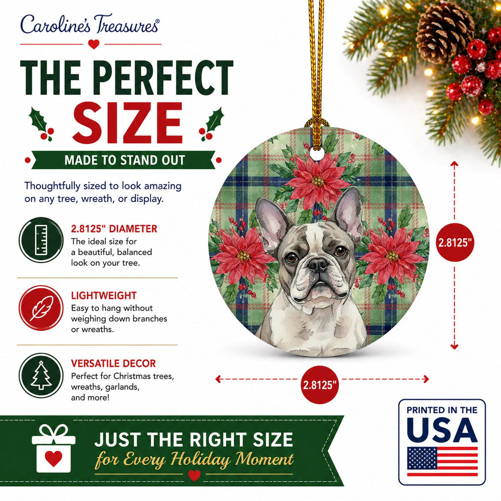Pied French Bulldog Christmas PoinsettIas Ceramic Ornament Christmas Tree Hanging Decorations for Home Christmas Holiday, Party, Gift, 3 in, Multicolor