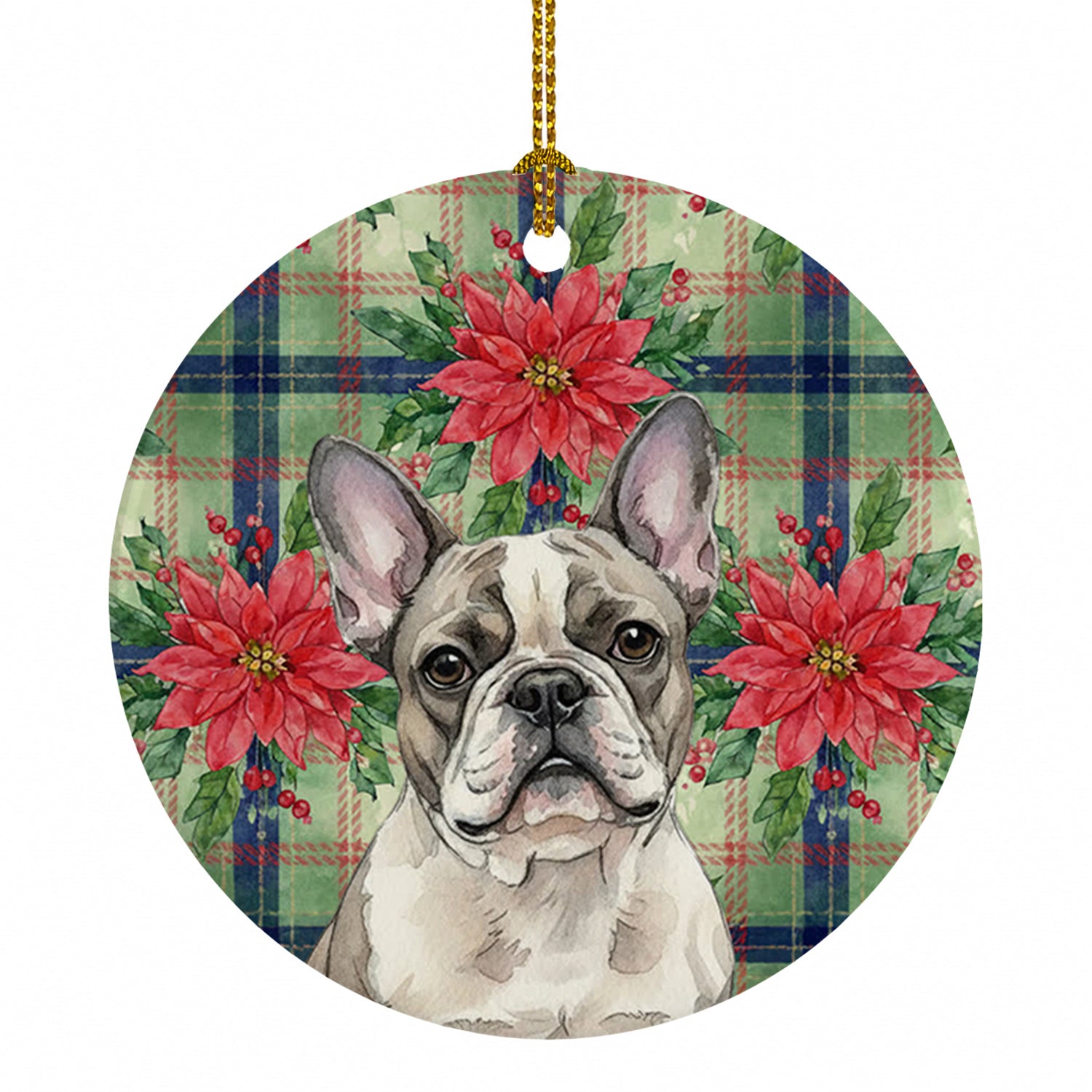 Pied French Bulldog Christmas PoinsettIas Ceramic Ornament Christmas Tree Hanging Decorations for Home Christmas Holiday, Party, Gift, 3 in, Multicolor