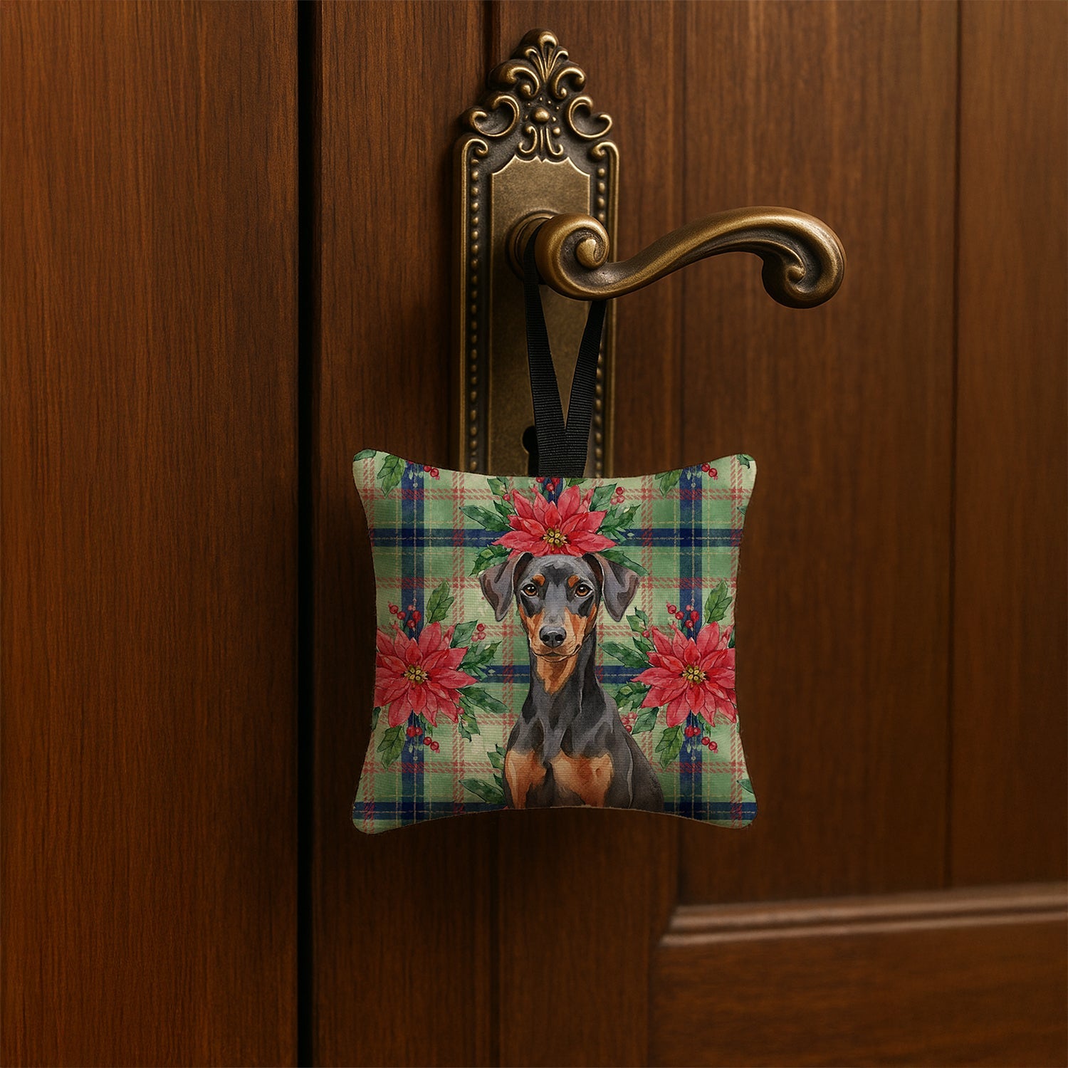 German Pinscher Christmas PoinsettIas Hanging Square Fabric Ornament 3.5 � 3.5 Decorative Door-Knob & Tree Hanger, Soft Fabric