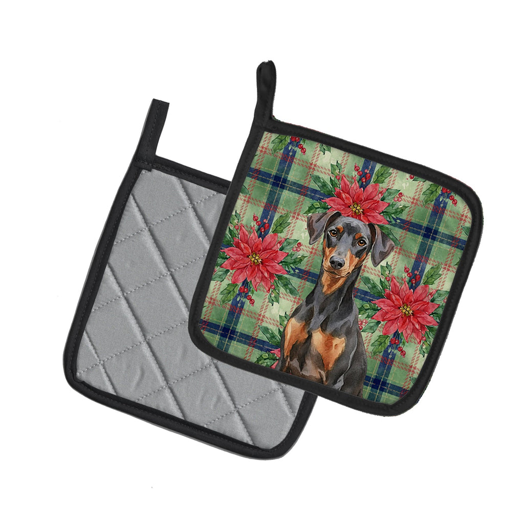German Pinscher Christmas PoinsettIas Pot Holder Set of 2 Heat Resistant Quilted Hot Pads 7.5 x 7.5 Inch, Insulated Kitchen Trivets for Cooking & Baking