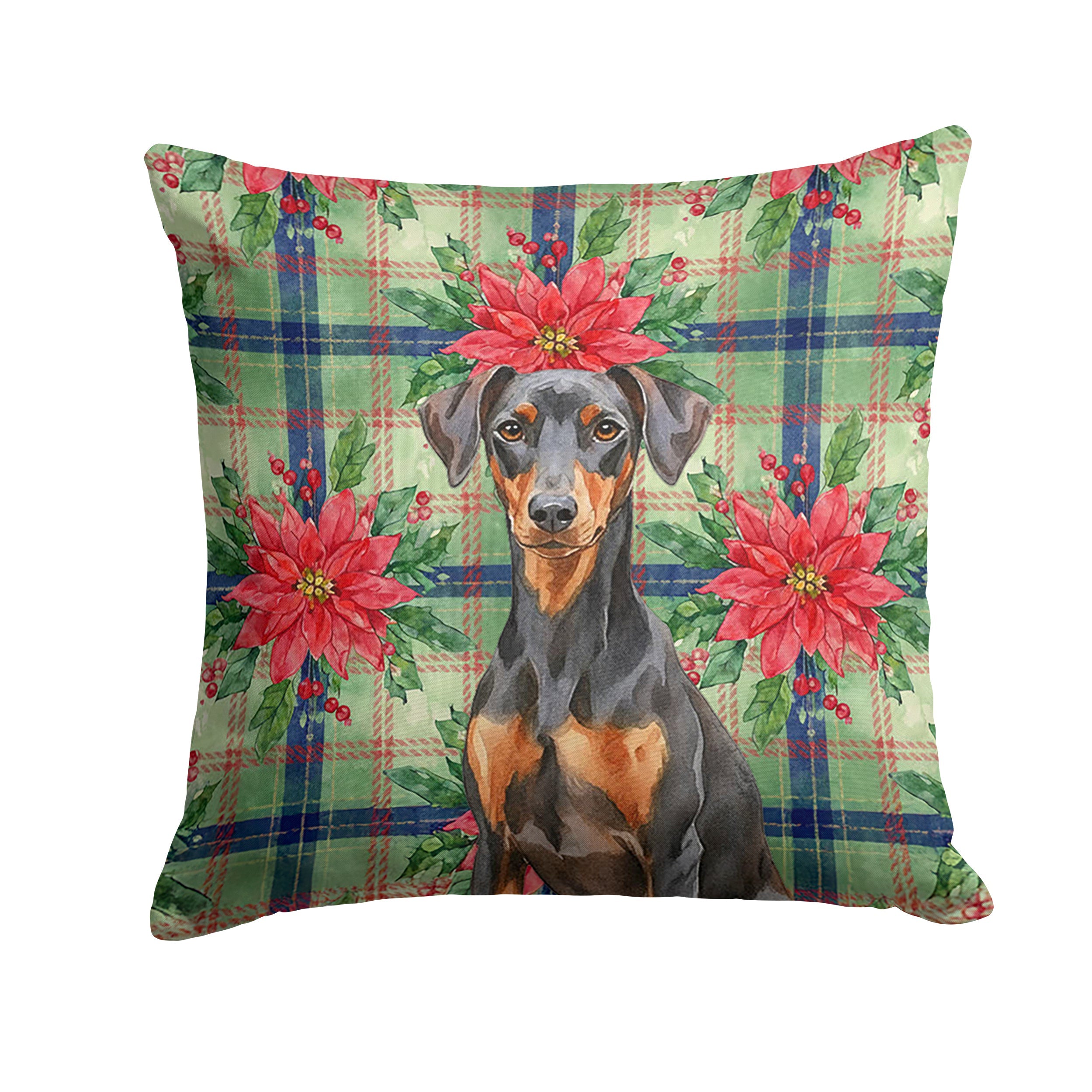 German Pinscher Christmas PoinsettIas Decorative Throw Pillow 18x18 Indoor Outdoor Accent Cushion, Fabric Cover with Insert for Sofa, Bed, Porch & Living Room