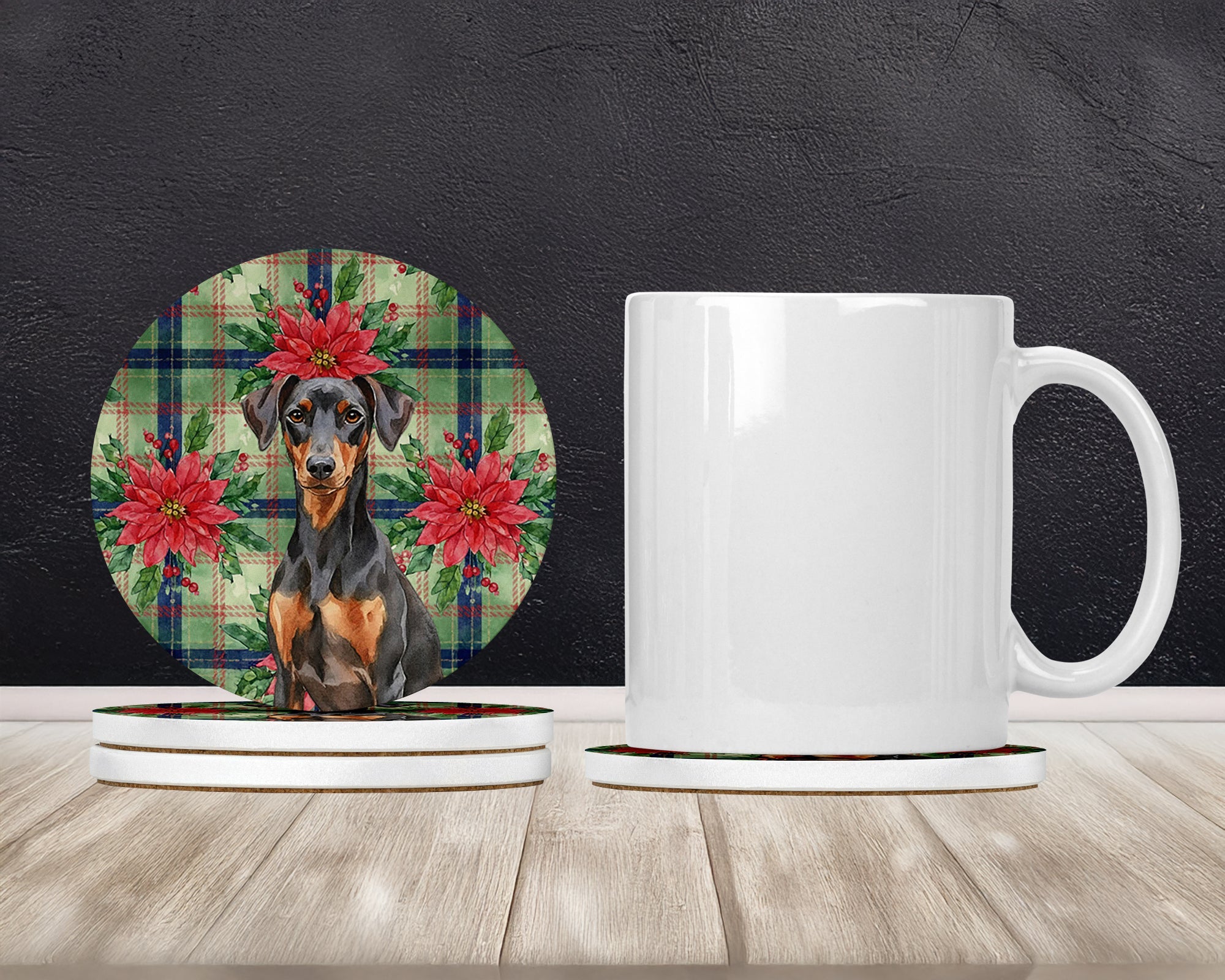 German Pinscher Christmas PoinsettIas Large Sandstone Coasters Pack of 4 Absorbent Round Coasters Decor Gifts for Men or Women, 4 in, Multicolor