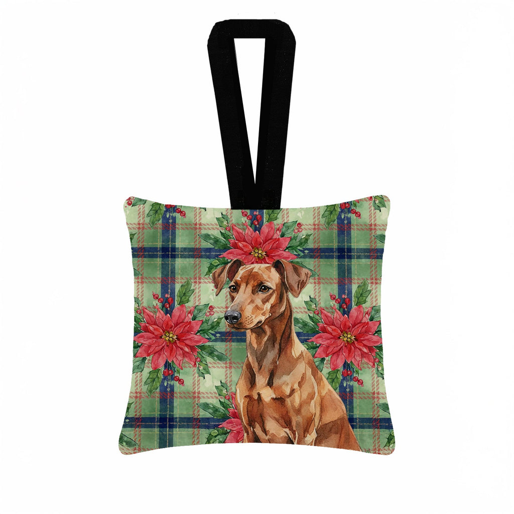 Red German Pinscher Christmas PoinsettIas Hanging Square Fabric Ornament 3.5 � 3.5 Decorative Door-Knob & Tree Hanger, Soft Fabric