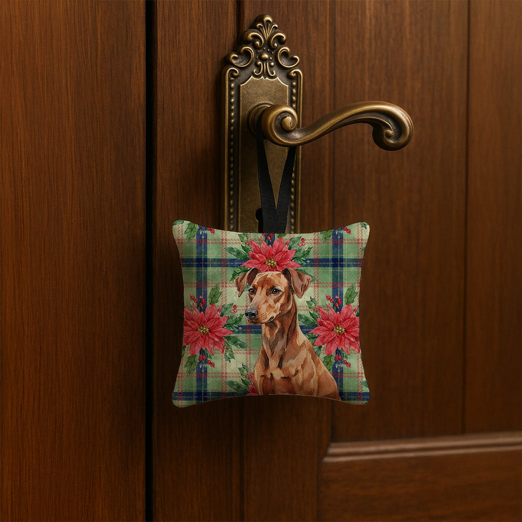 Red German Pinscher Christmas PoinsettIas Hanging Square Fabric Ornament 3.5 � 3.5 Decorative Door-Knob & Tree Hanger, Soft Fabric