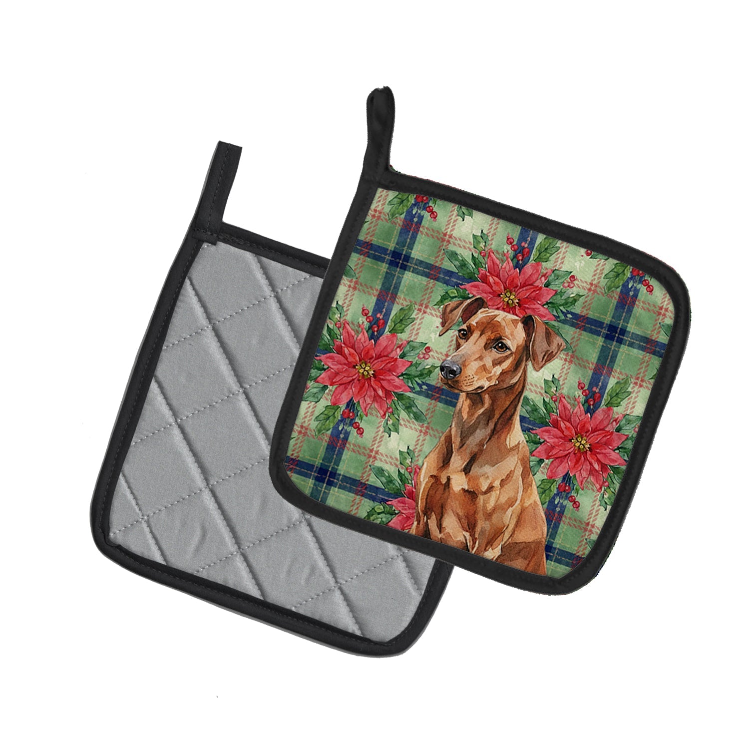 Red German Pinscher Christmas PoinsettIas Pot Holder Set of 2 Heat Resistant Quilted Hot Pads 7.5 x 7.5 Inch, Insulated Kitchen Trivets for Cooking & Baking