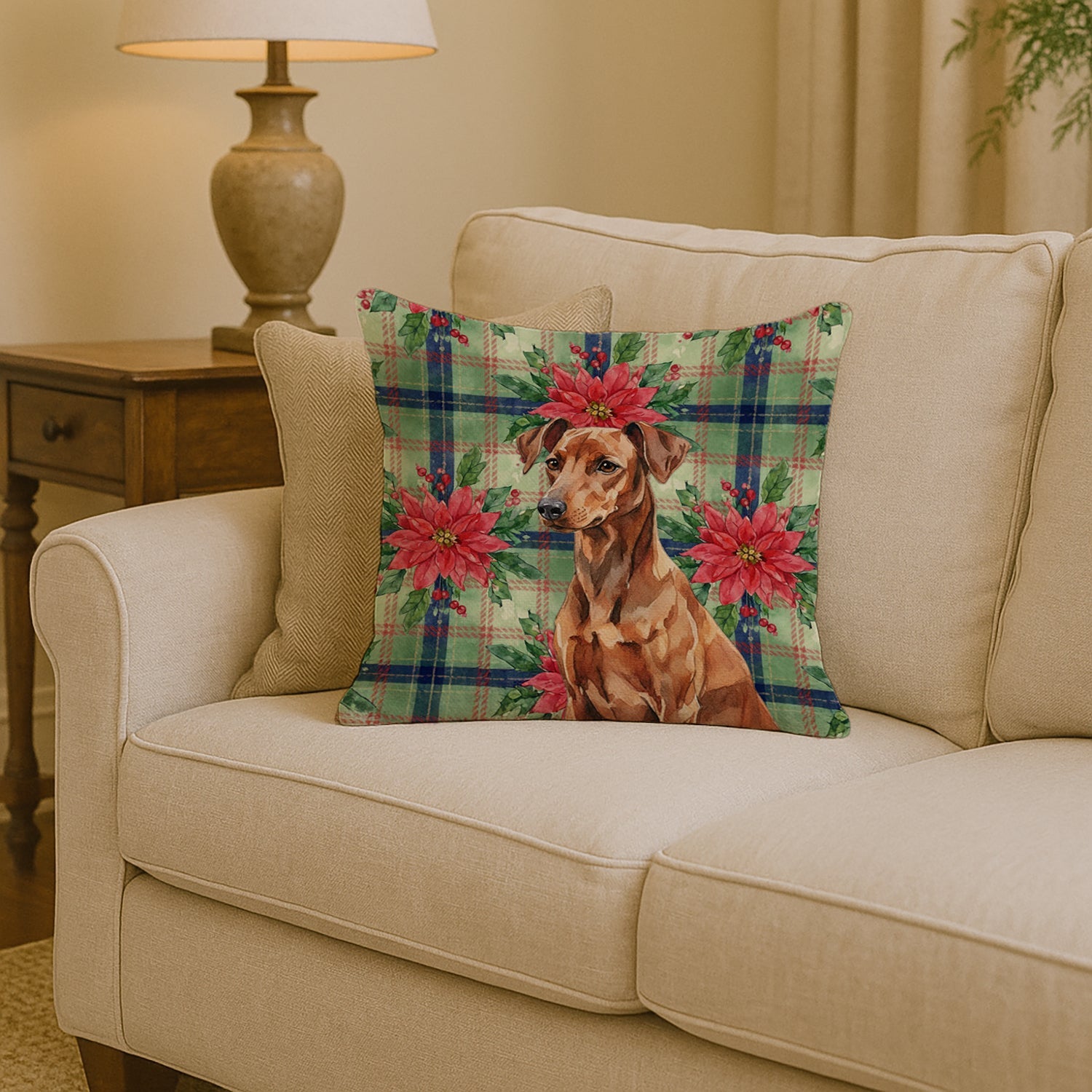 Red German Pinscher Christmas PoinsettIas Decorative Throw Pillow 14x14 Indoor Outdoor Accent Cushion, Fabric Cover with Insert for Sofa, Bed, Porch & Living Room