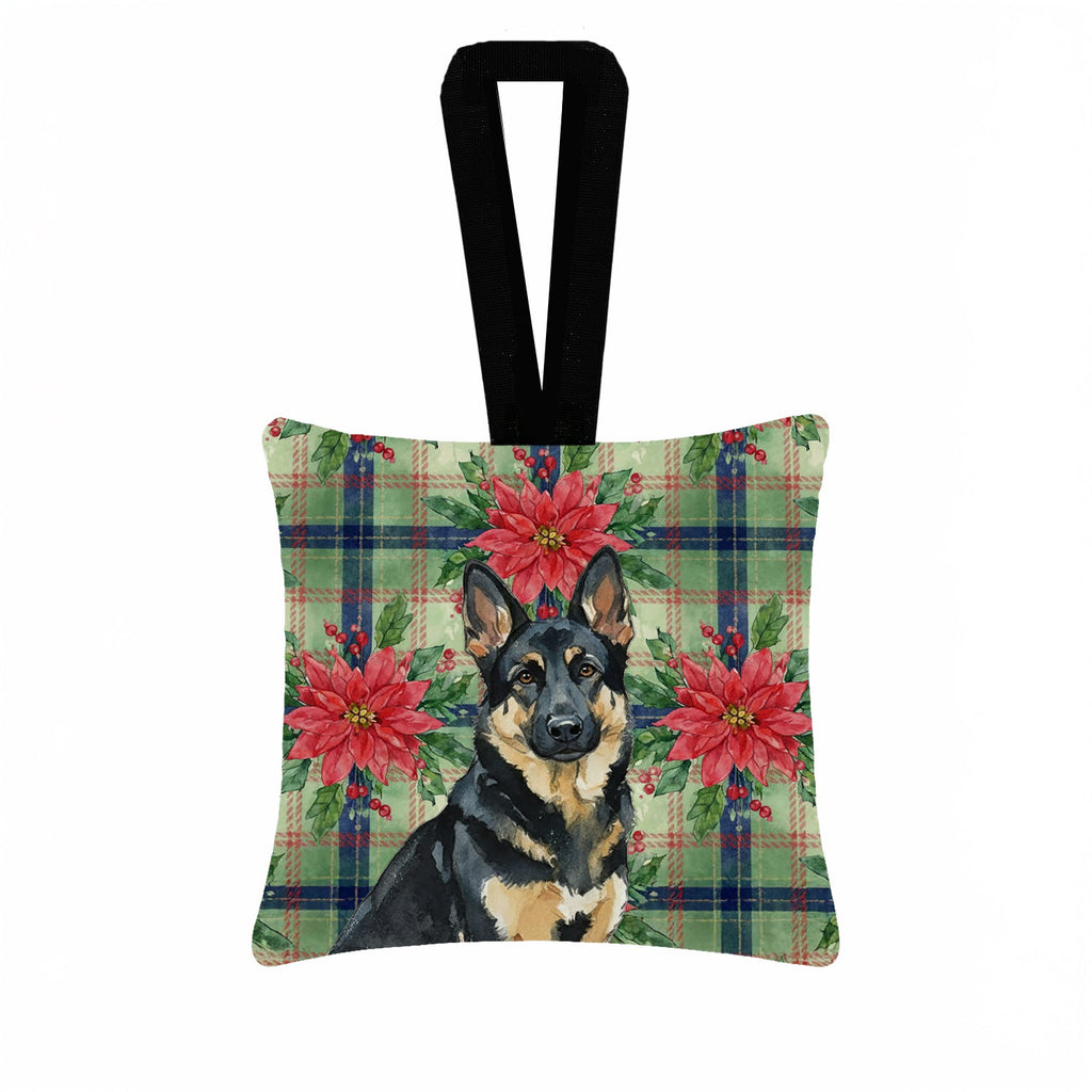 Black and Tan German Shepherd Christmas PoinsettIas Hanging Square Fabric Ornament 3.5 � 3.5 Decorative Door-Knob & Tree Hanger, Soft Fabric