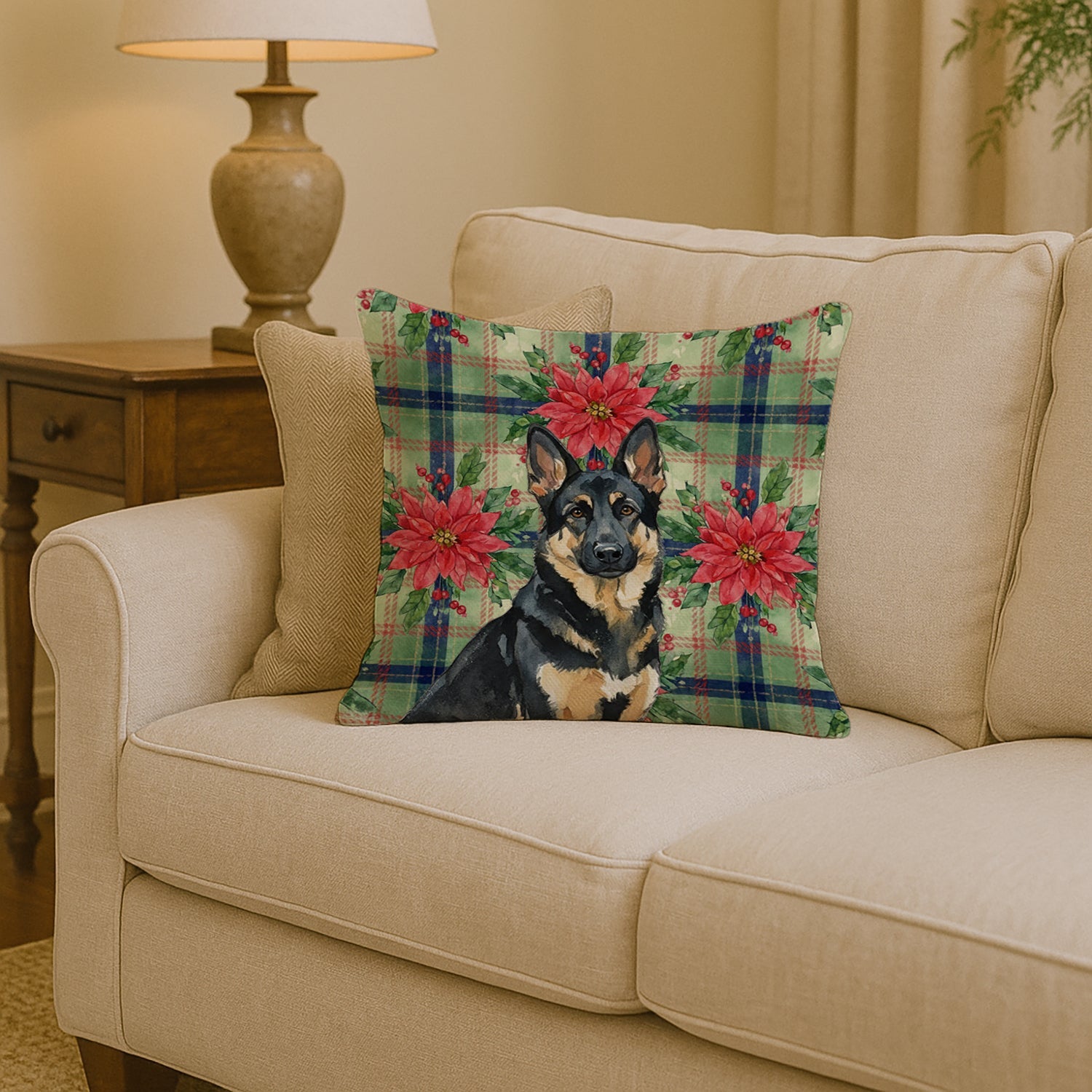 Black and Tan German Shepherd Christmas PoinsettIas Decorative Throw Pillow 14x14 Indoor Outdoor Accent Cushion, Fabric Cover with Insert for Sofa, Bed, Porch & Living Room