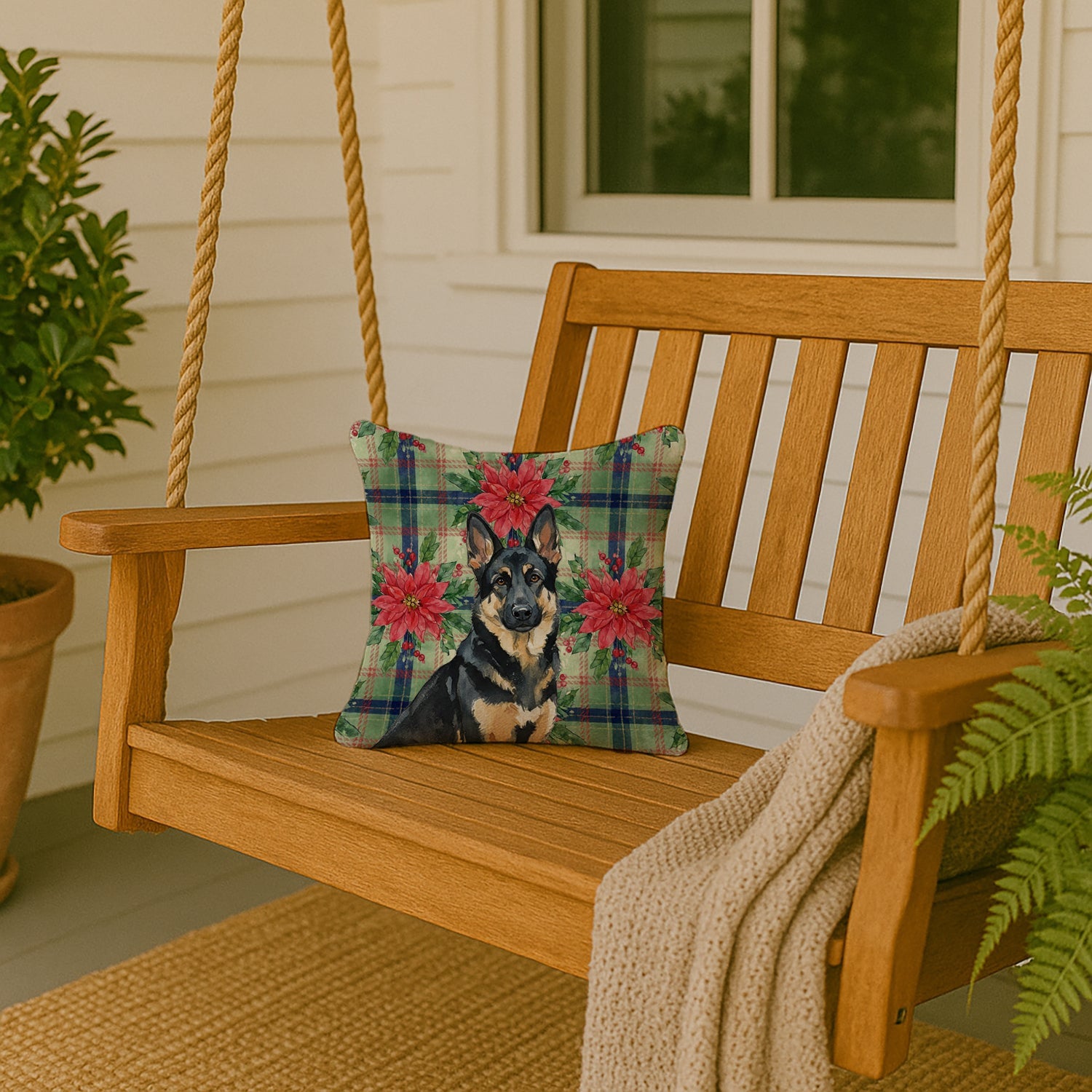Black and Tan German Shepherd Christmas PoinsettIas Decorative Throw Pillow 14x14 Indoor Outdoor Accent Cushion, Fabric Cover with Insert for Sofa, Bed, Porch & Living Room