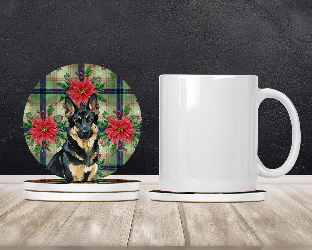 Black and Tan German Shepherd Christmas PoinsettIas Large Sandstone Coasters Pack of 4 Absorbent Round Coasters Decor Gifts for Men or Women, 4 in, Multicolor