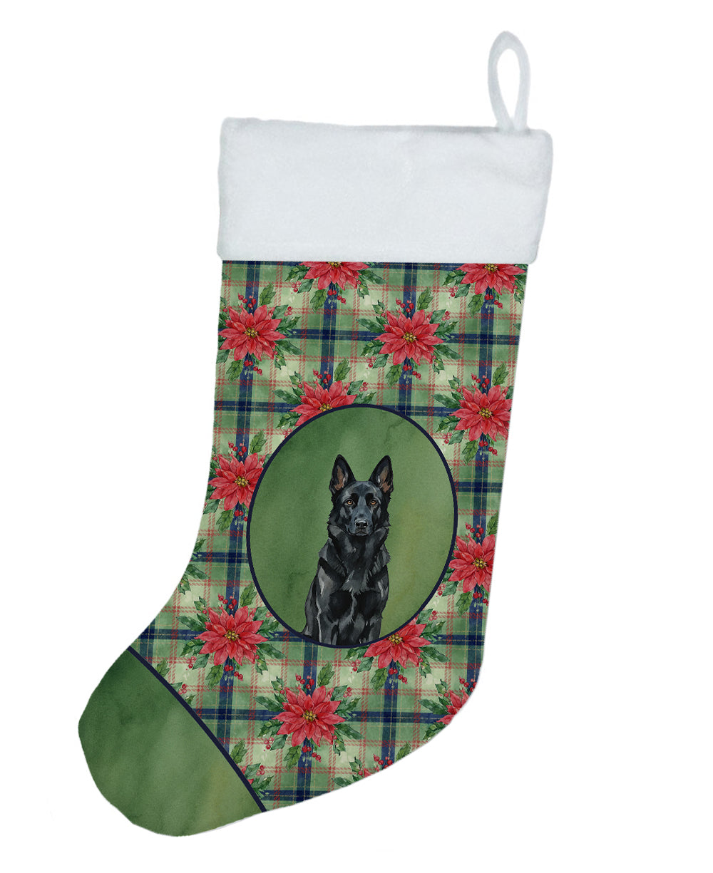 Black German Shepherd Christmas PoinsettIas Holiday Stocking Double-Sided Print, Polyester Suede,11x18, Made in USA