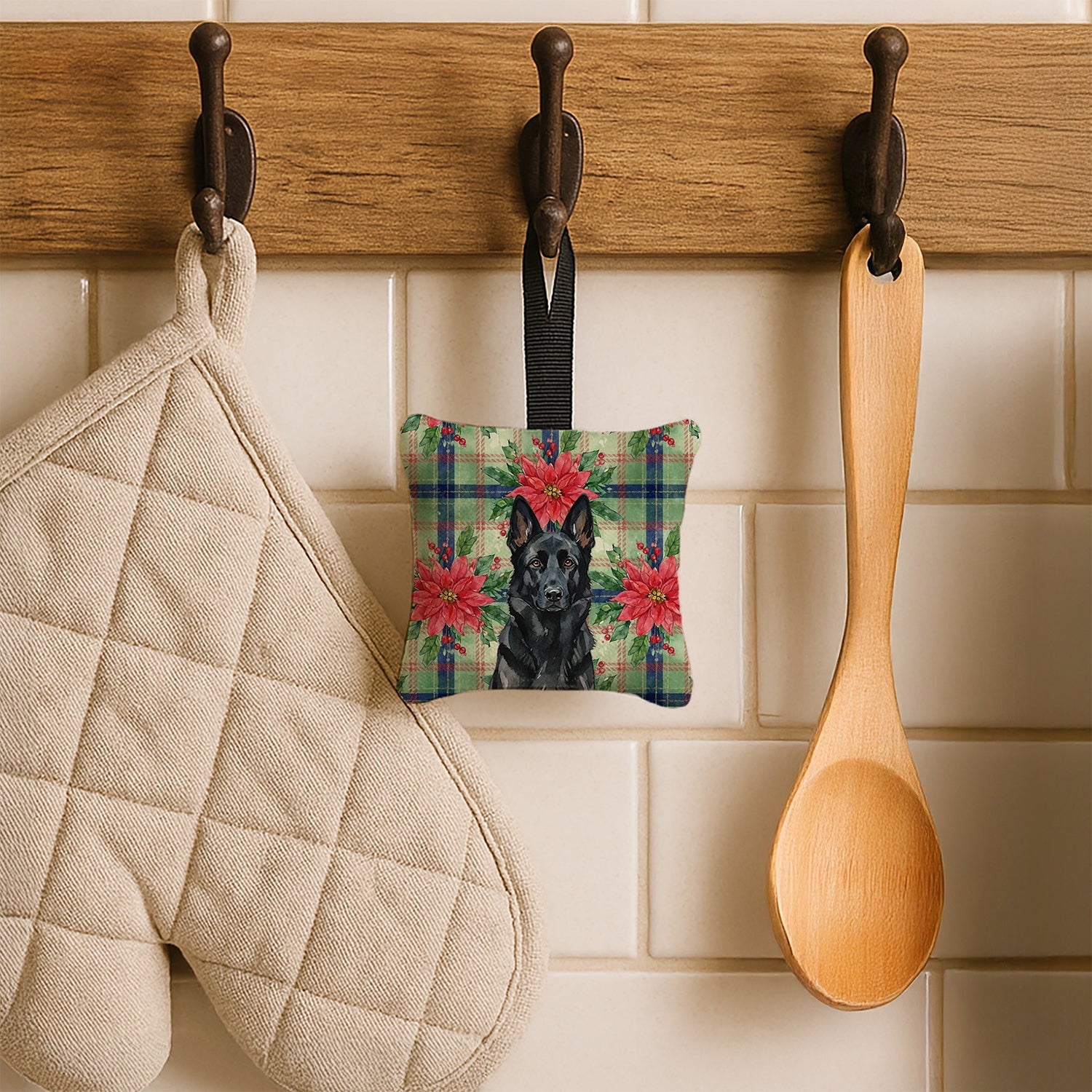 Black German Shepherd Christmas PoinsettIas Hanging Square Fabric Ornament 3.5 � 3.5 Decorative Door-Knob & Tree Hanger, Soft Fabric
