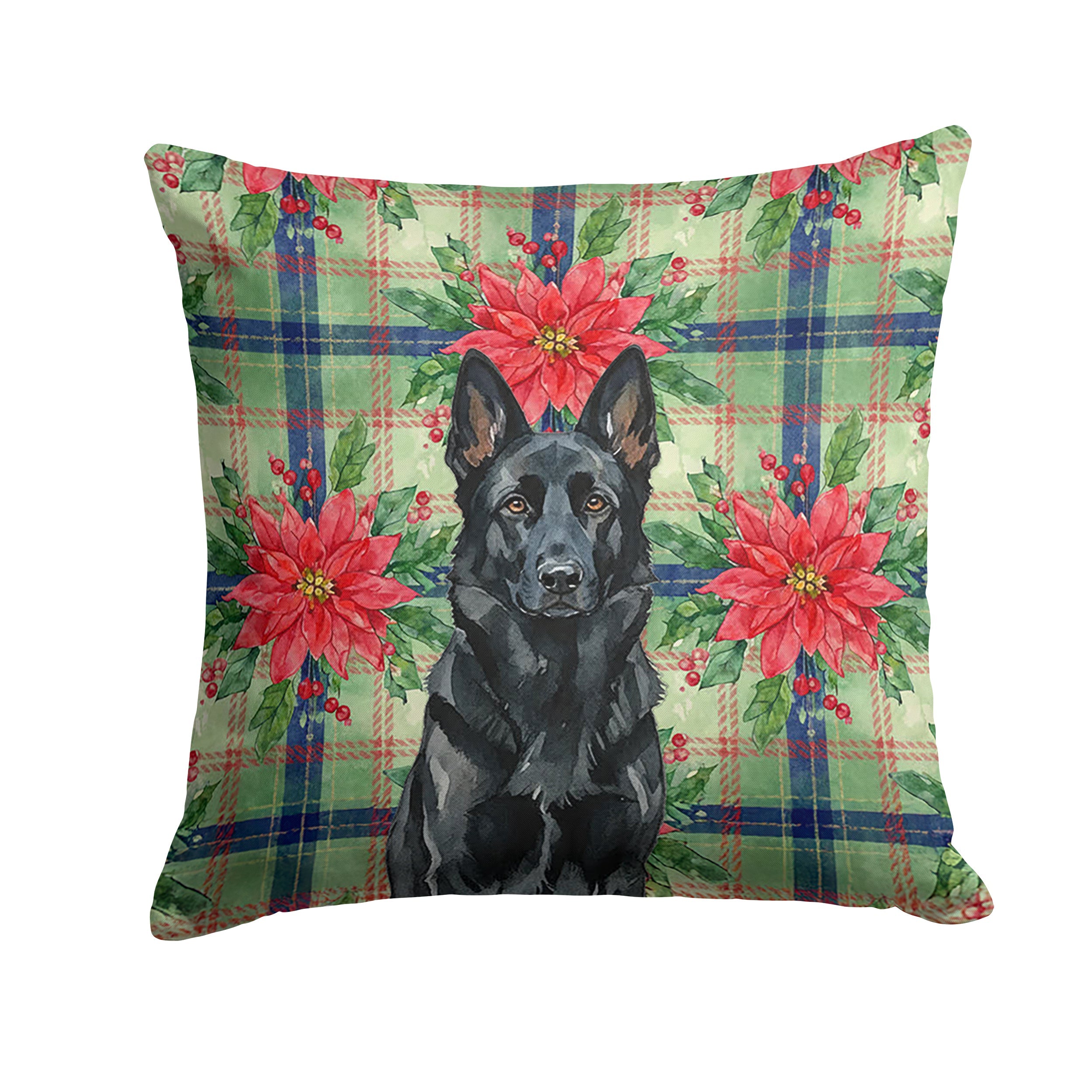 Black German Shepherd Christmas PoinsettIas Decorative Throw Pillow 14x14 Indoor Outdoor Accent Cushion, Fabric Cover with Insert for Sofa, Bed, Porch & Living Room