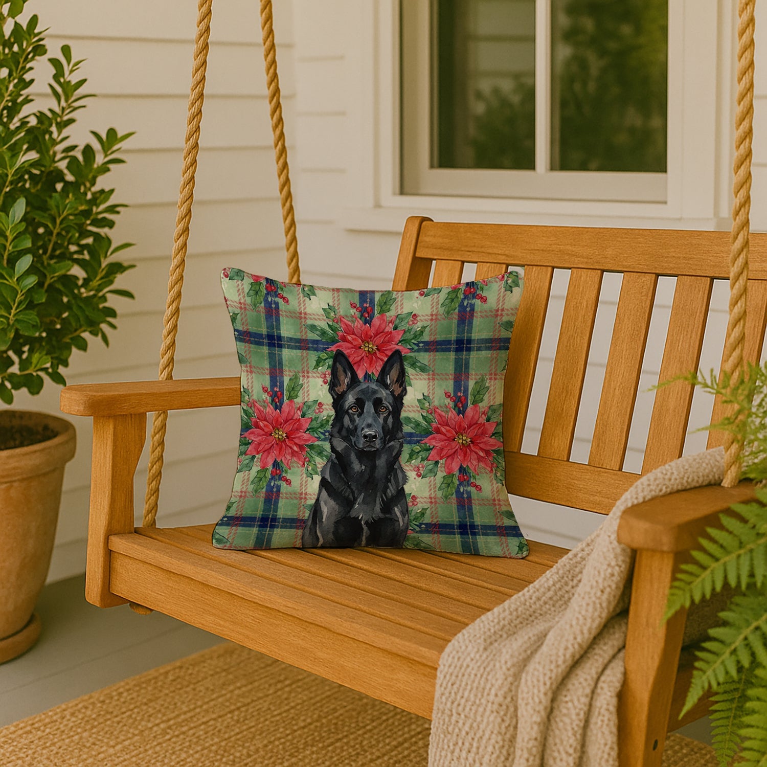 Black German Shepherd Christmas PoinsettIas Decorative Throw Pillow 18x18 Indoor Outdoor Accent Cushion, Fabric Cover with Insert for Sofa, Bed, Porch & Living Room