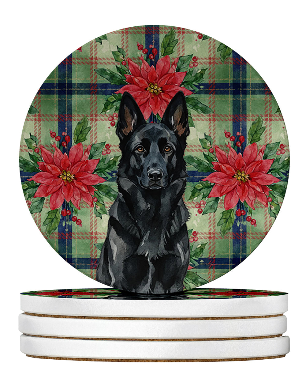 Black German Shepherd Christmas PoinsettIas Large Sandstone Coasters Pack of 4 Absorbent Round Coasters Decor Gifts for Men or Women, 4 in, Multicolor