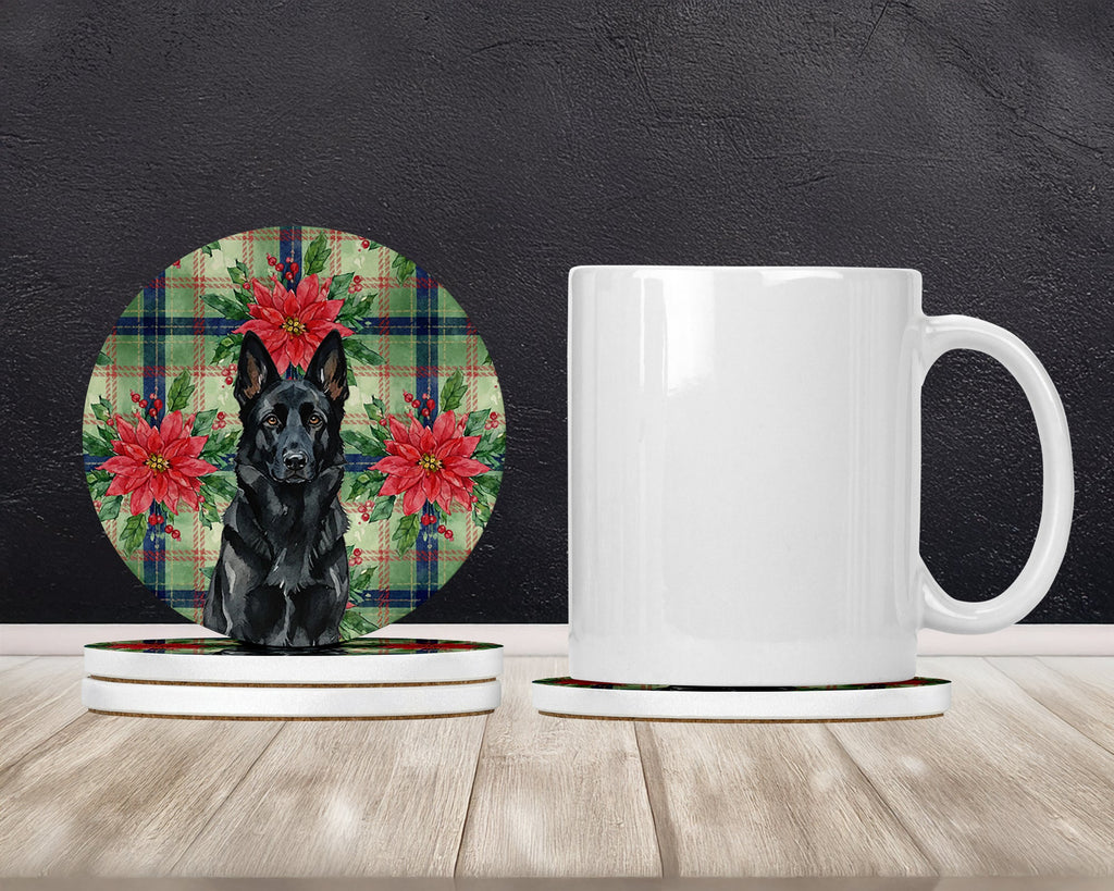 Black German Shepherd Christmas PoinsettIas Large Sandstone Coasters Pack of 4 Absorbent Round Coasters Decor Gifts for Men or Women, 4 in, Multicolor