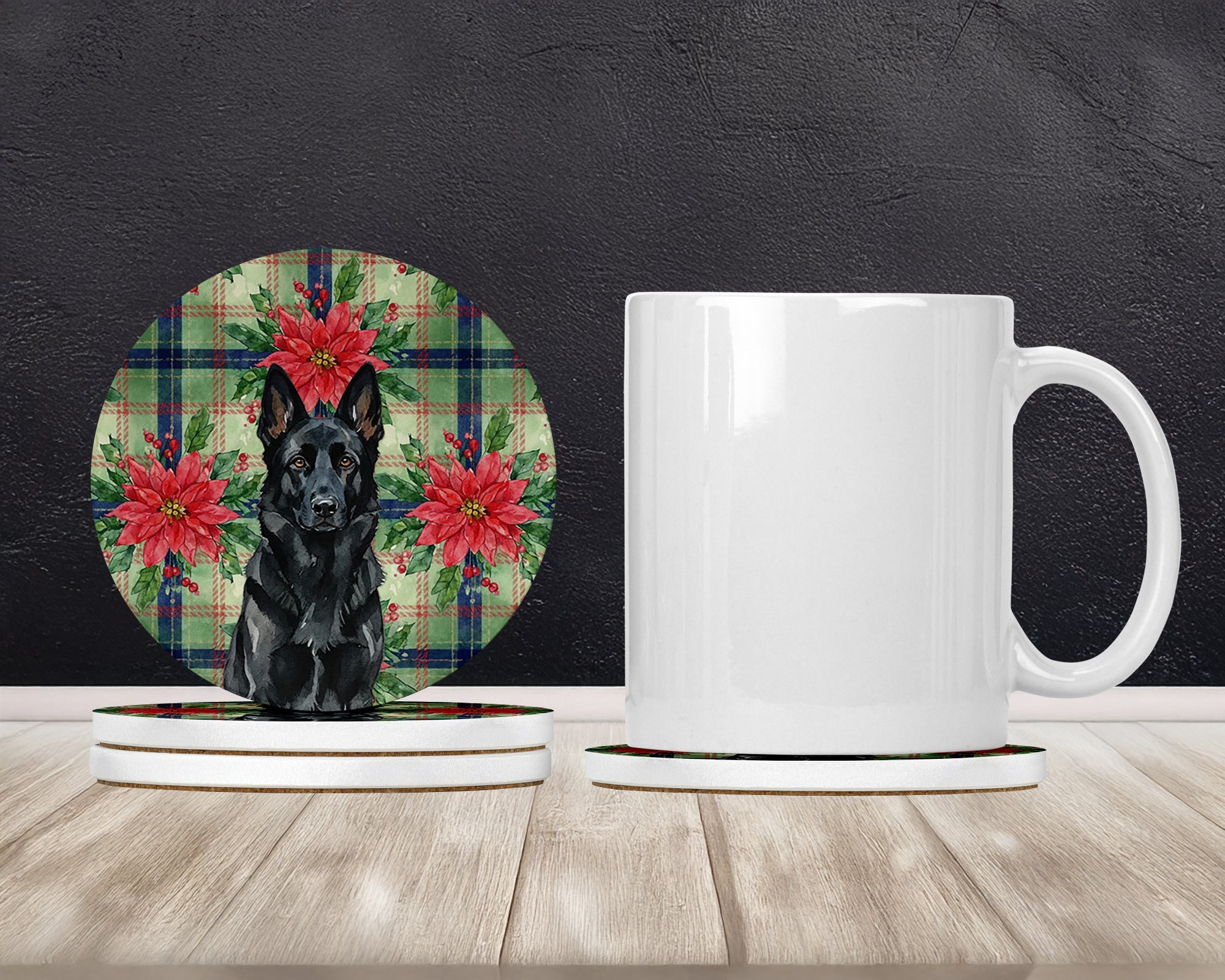 Black German Shepherd Christmas PoinsettIas Large Sandstone Coasters Pack of 4 Absorbent Round Coasters Decor Gifts for Men or Women, 4 in, Multicolor