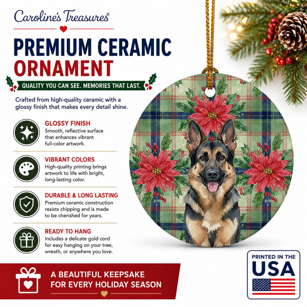 German Shepherd Christmas PoinsettIas Ceramic Ornament Christmas Tree Hanging Decorations for Home Christmas Holiday, Party, Gift, 3 in, Multicolor