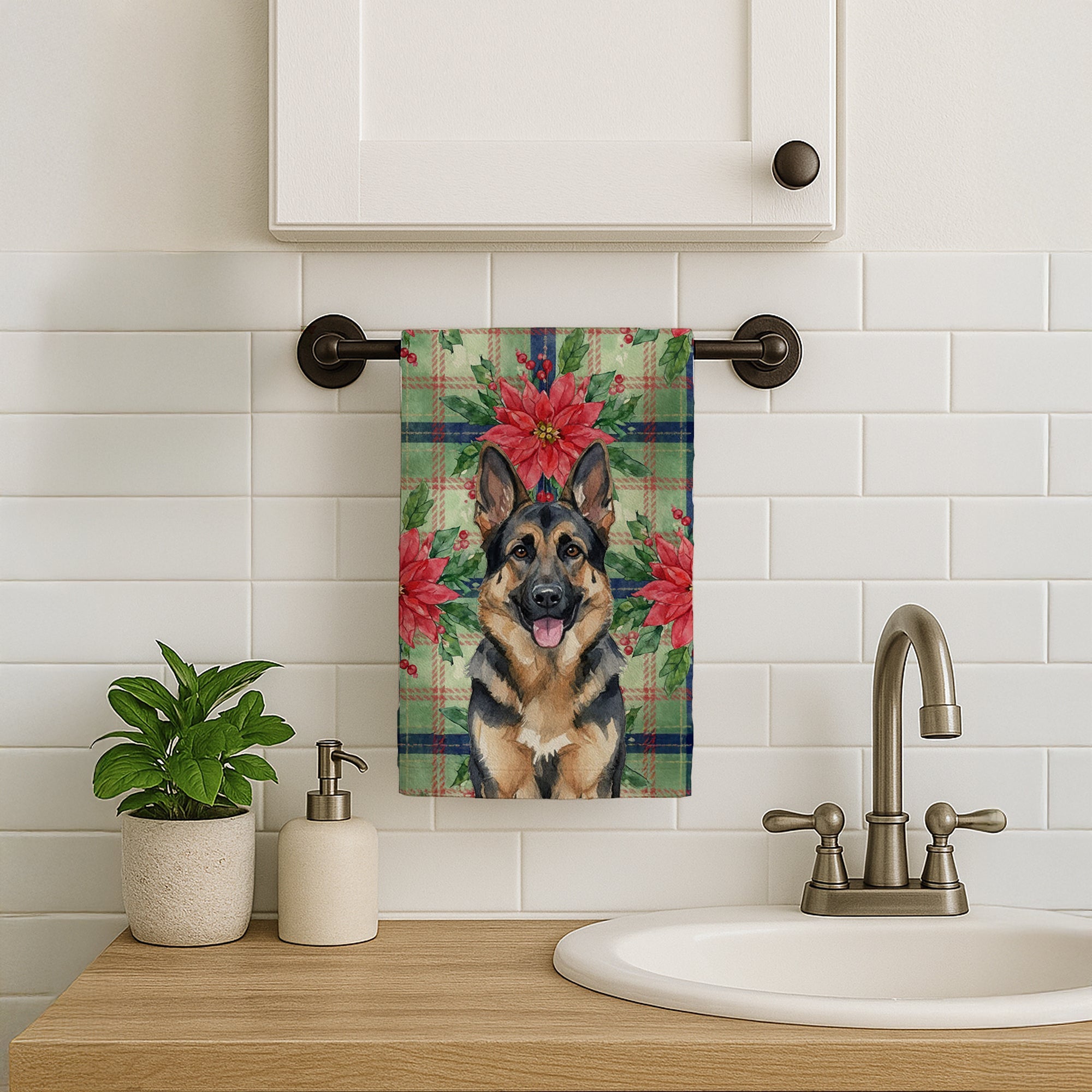 German Shepherd Christmas PoinsettIas Kitchen Towel Velour Plush Front and Cotton Loop Back Machine Washable