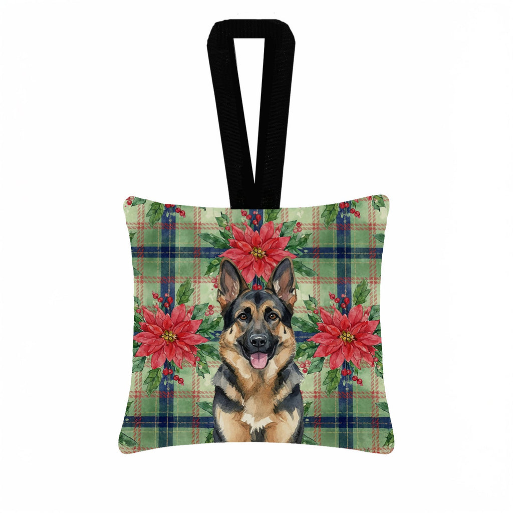 German Shepherd Christmas PoinsettIas Hanging Square Fabric Ornament 3.5 � 3.5 Decorative Door-Knob & Tree Hanger, Soft Fabric