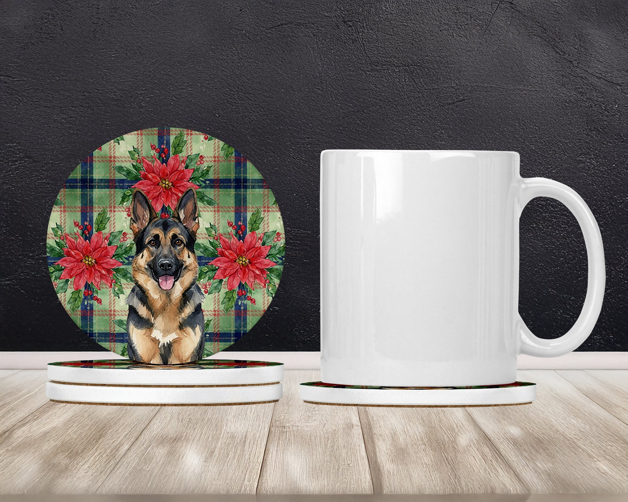 German Shepherd Christmas PoinsettIas Large Sandstone Coasters Pack of 4 Absorbent Round Coasters Decor Gifts for Men or Women, 4 in, Multicolor