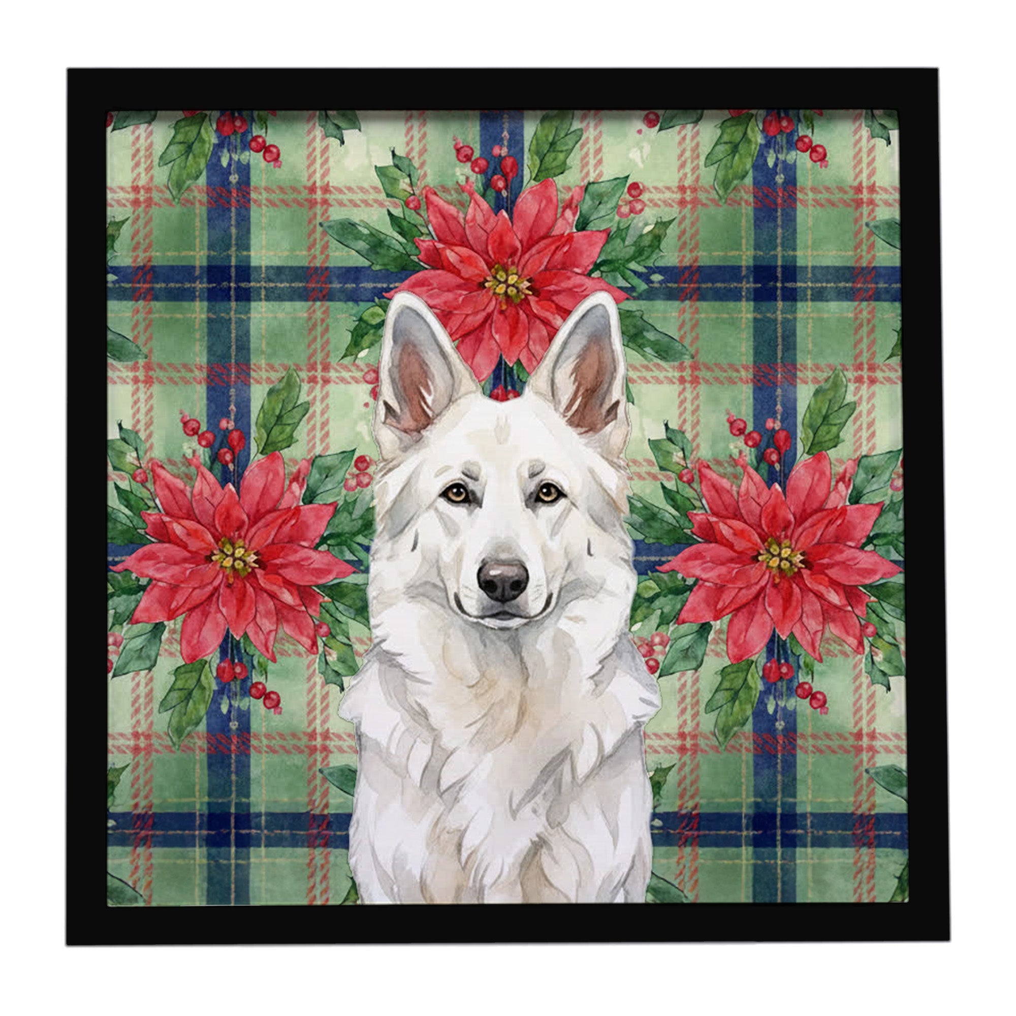 White German Shepherd Christmas PoinsettIas Framed Metal Print Bathroom, Kitchen, Office, Home Decor Wall Art Ready to Hang, Square, 8X8