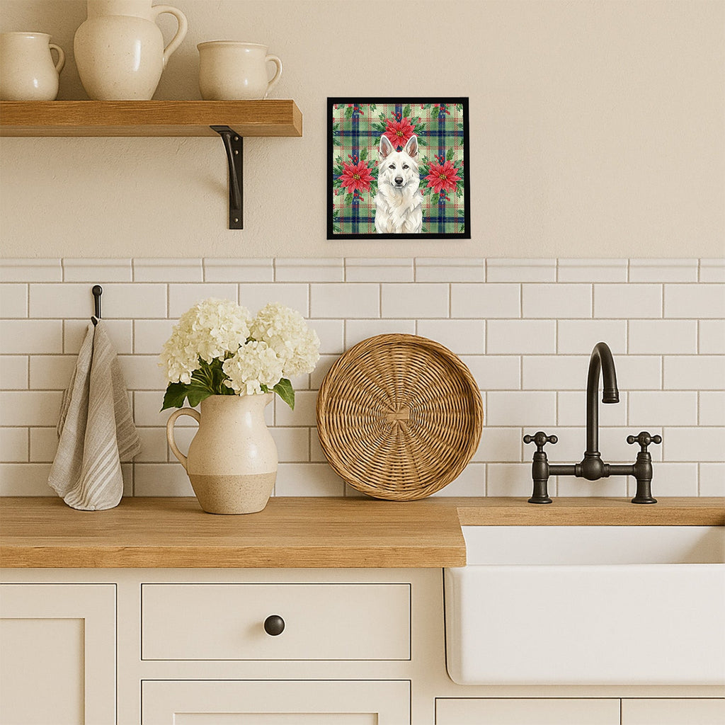 White German Shepherd Christmas PoinsettIas Framed Metal Print Bathroom, Kitchen, Office, Home Decor Wall Art Ready to Hang, Square, 8X8