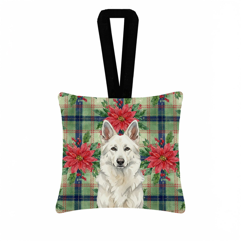 White German Shepherd Christmas PoinsettIas Hanging Square Fabric Ornament 3.5 � 3.5 Decorative Door-Knob & Tree Hanger, Soft Fabric