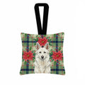 White German Shepherd Christmas PoinsettIas Hanging Square Fabric Ornament 3.5 � 3.5 Decorative Door-Knob & Tree Hanger, Soft Fabric