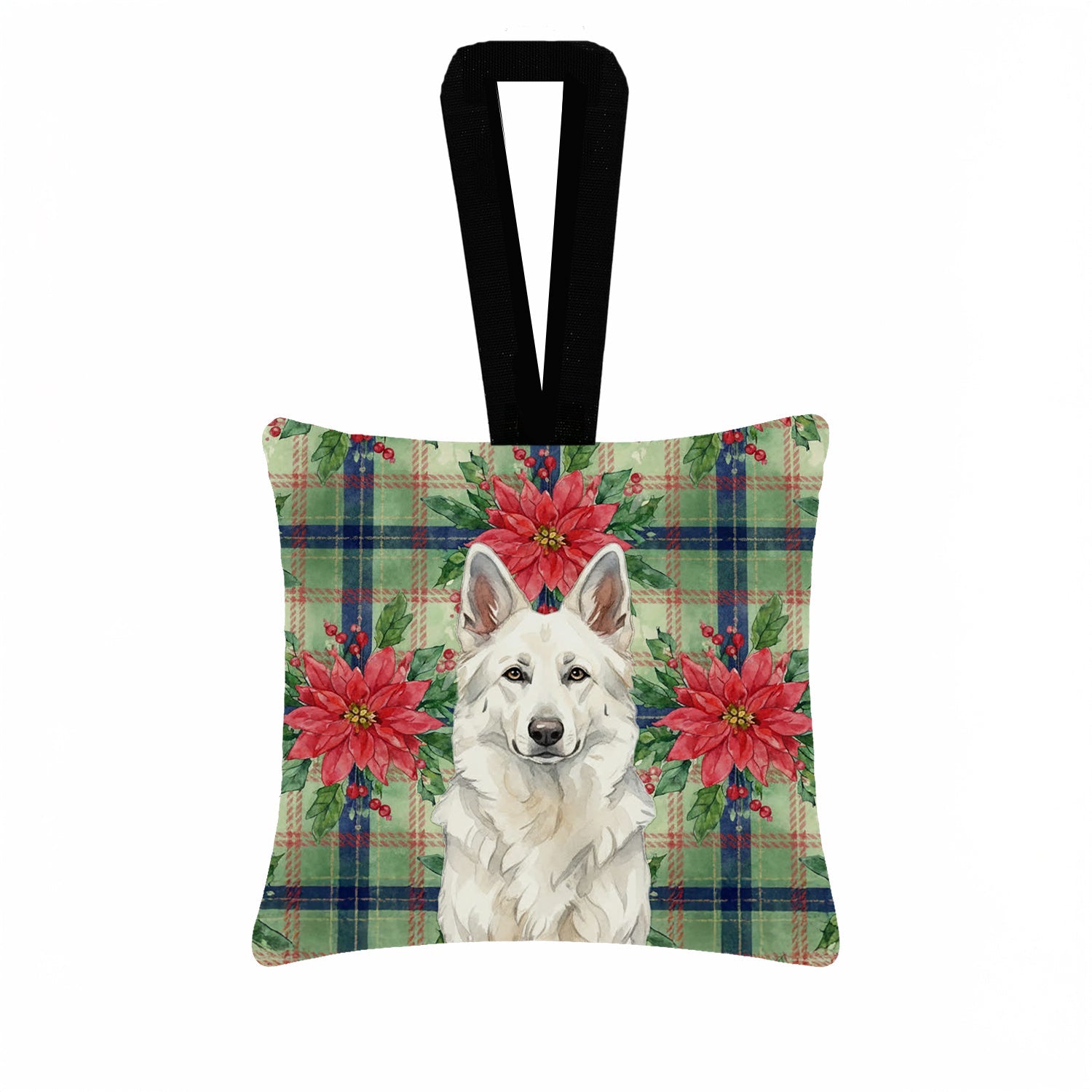 White German Shepherd Christmas PoinsettIas Hanging Square Fabric Ornament 3.5 � 3.5 Decorative Door-Knob & Tree Hanger, Soft Fabric