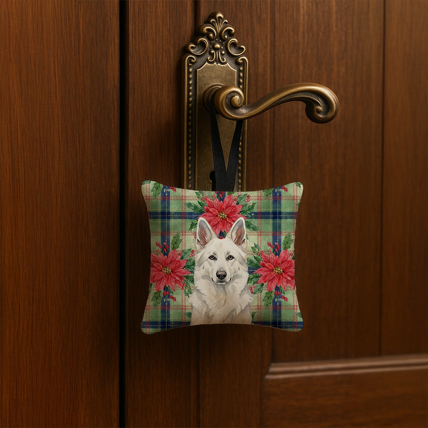 White German Shepherd Christmas PoinsettIas Hanging Square Fabric Ornament 3.5 � 3.5 Decorative Door-Knob & Tree Hanger, Soft Fabric
