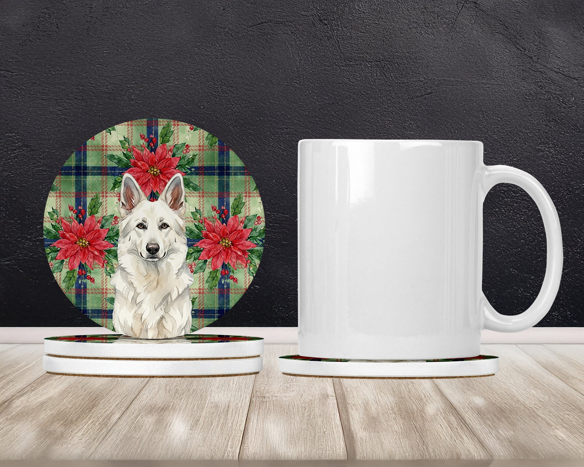 White German Shepherd Christmas PoinsettIas Large Sandstone Coasters Pack of 4 Absorbent Round Coasters Decor Gifts for Men or Women, 4 in, Multicolor