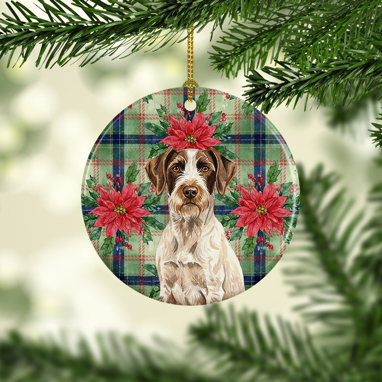 Liver and White German Wirehaired Pointer Christmas PoinsettIas Ceramic Ornament Christmas Tree Hanging Decorations for Home Christmas Holiday, Party, Gift, 3 in, Multicolor