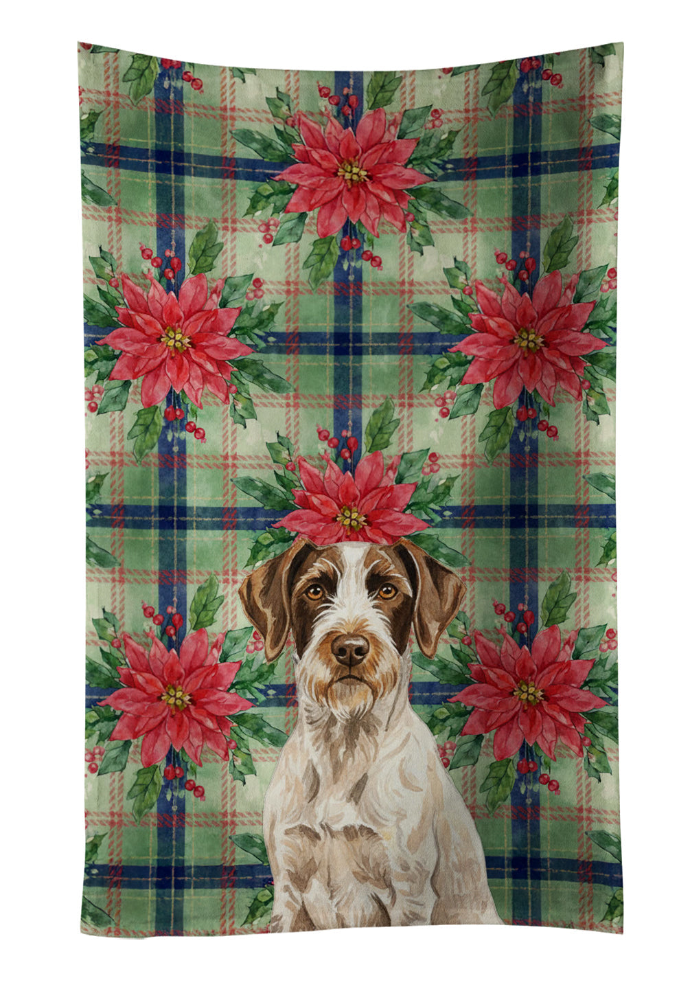 Liver and White German Wirehaired Pointer Christmas PoinsettIas Kitchen Towel Velour Plush Front and Cotton Loop Back Machine Washable